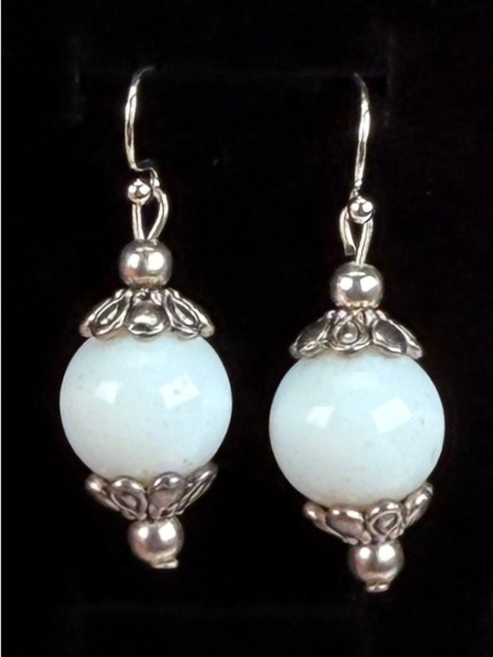 Vintage Silvertone White Bead Ball Drop Pierced Earrings